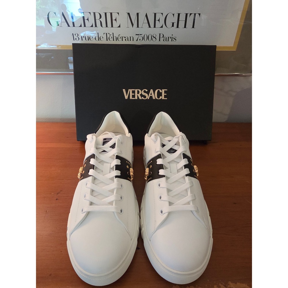 Versace Mens La Greca Leather Low Top Sneakers, size 45 NEW IN BOX